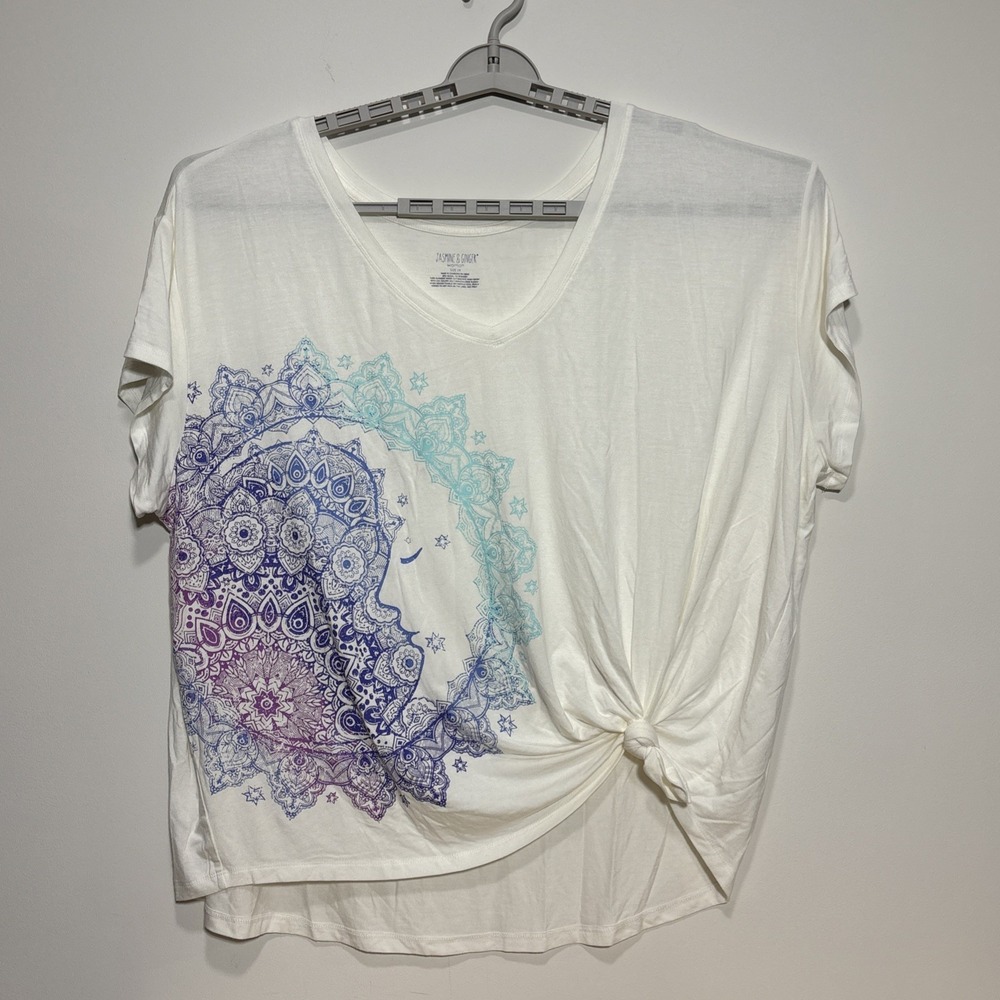 Jasmine & Ginger Shirt Blue Purple Mandala‎ Crescent Moon Graphic Tee Knot Front
